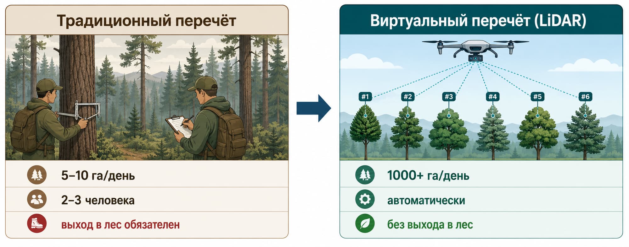 Традиционный перечёт деревьев vs виртуальный перечёт по данным LiDAR