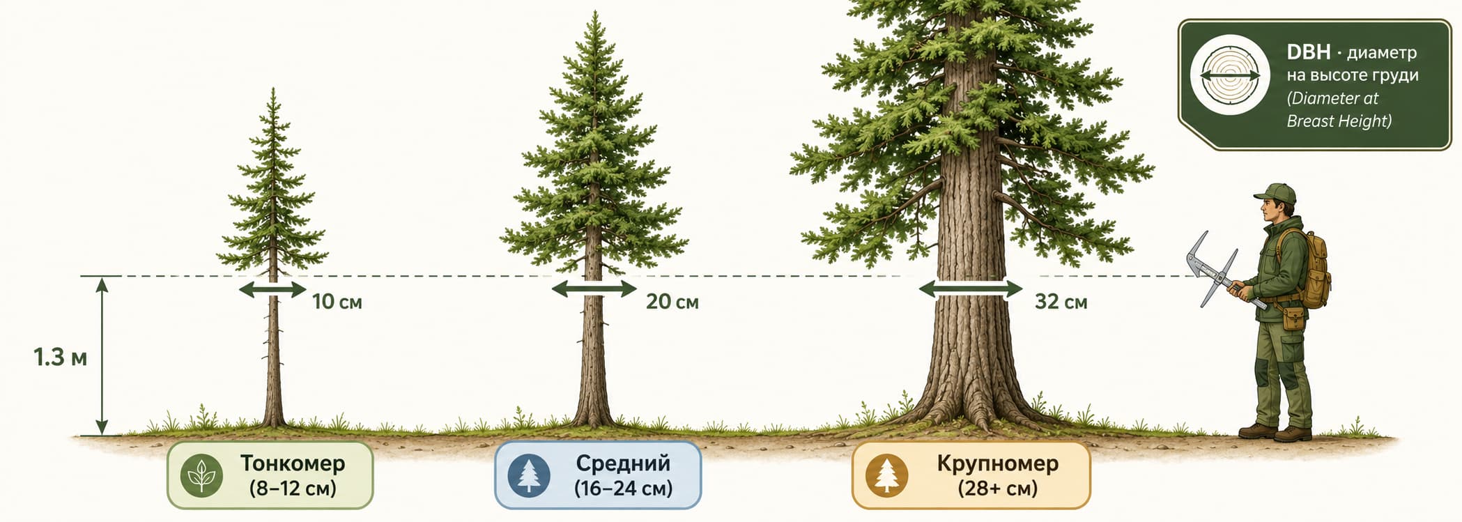 Схема измерения диаметра на высоте груди — три класса крупности