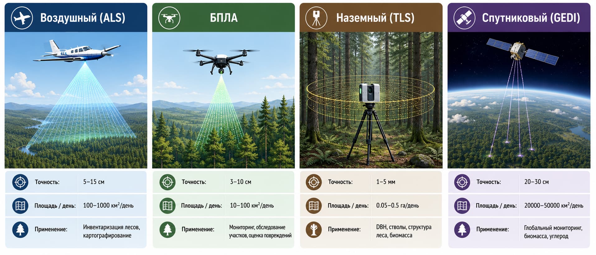 Сравнение четырёх типов LiDAR-систем — воздушный, БПЛА, наземный, спутниковый