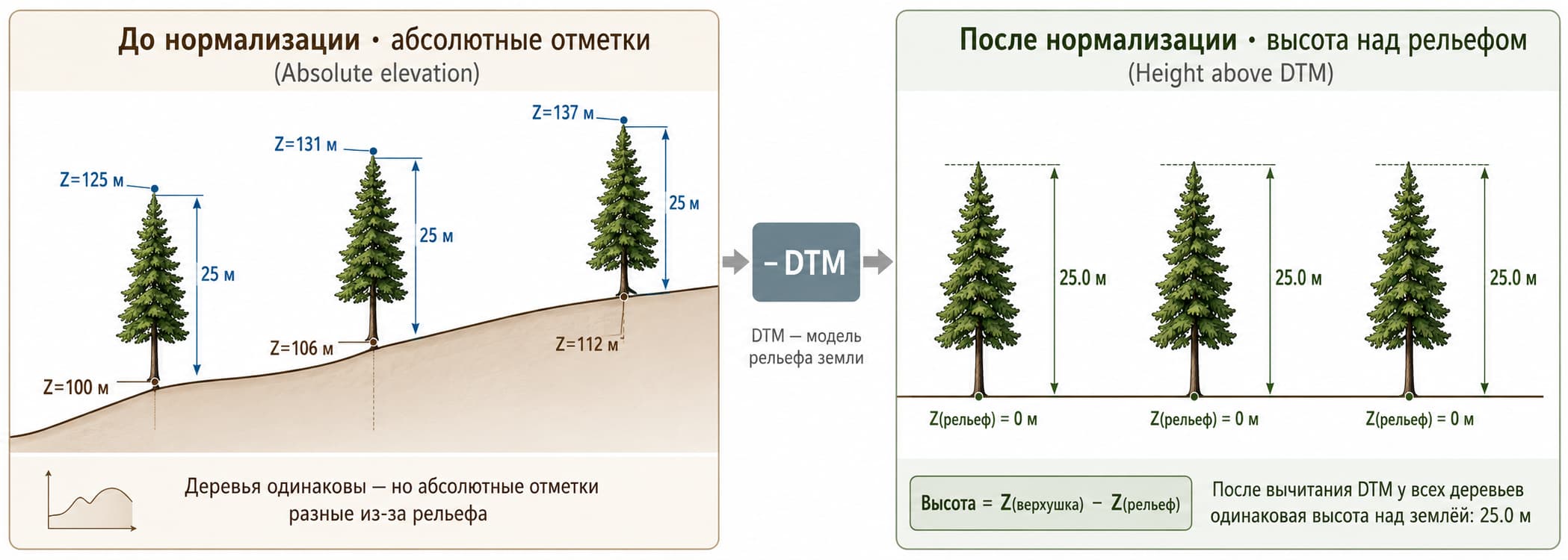 Нормализация высот: до и после вычитания рельефа