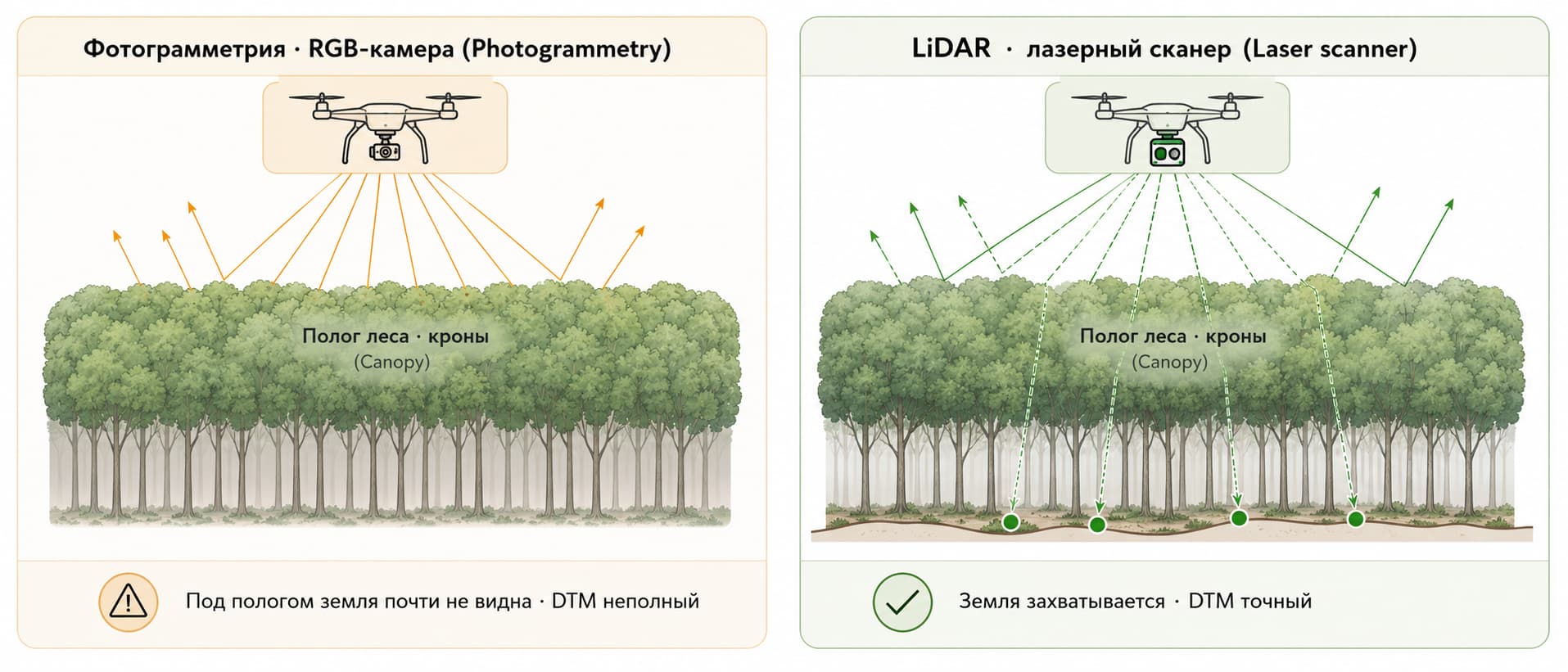 Сравнение фотограмметрии и LiDAR: проникновение под полог леса